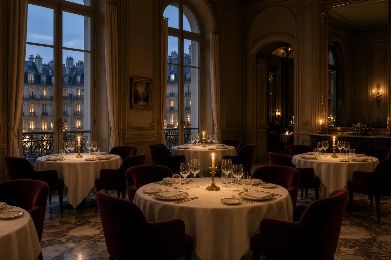 Salle de restaurant, tables dressées