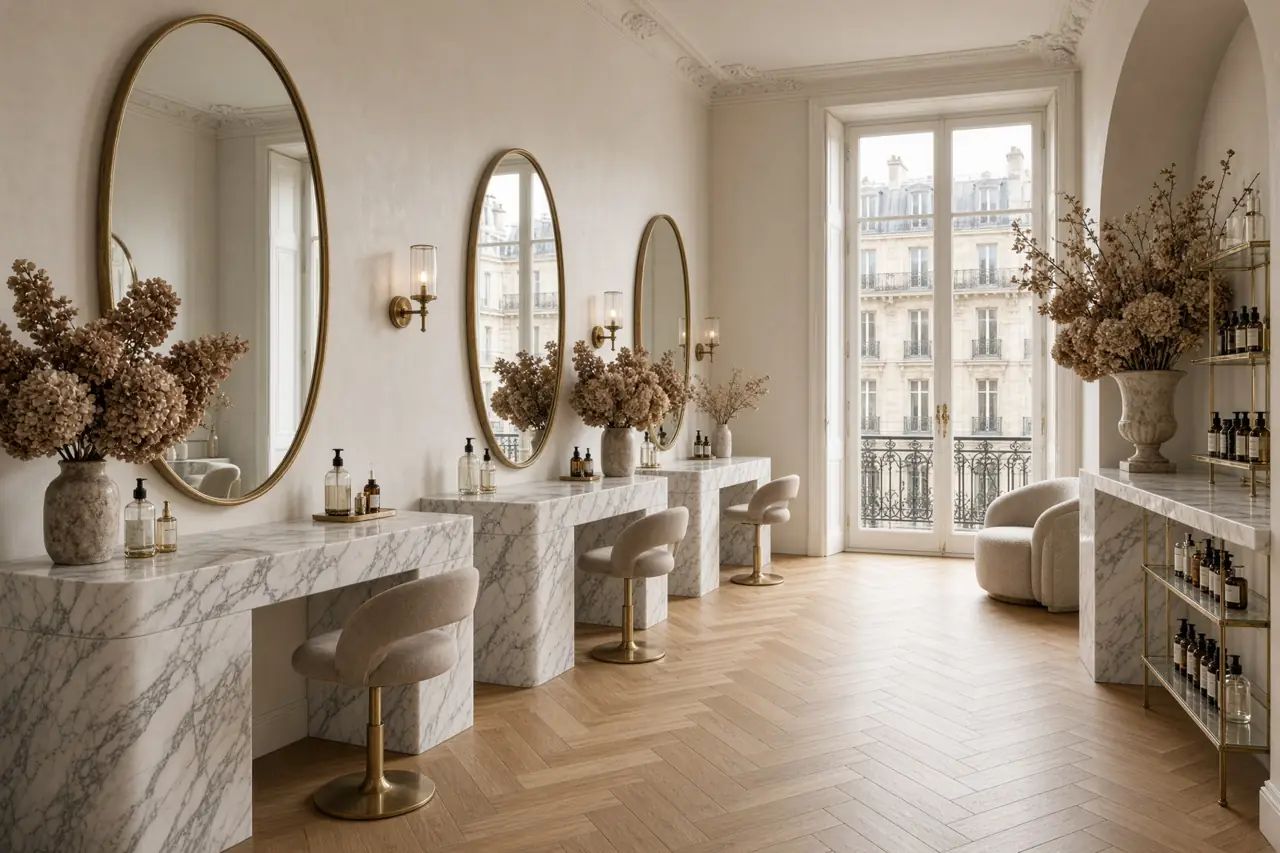 Salon de coiffure, miroirs et marbre